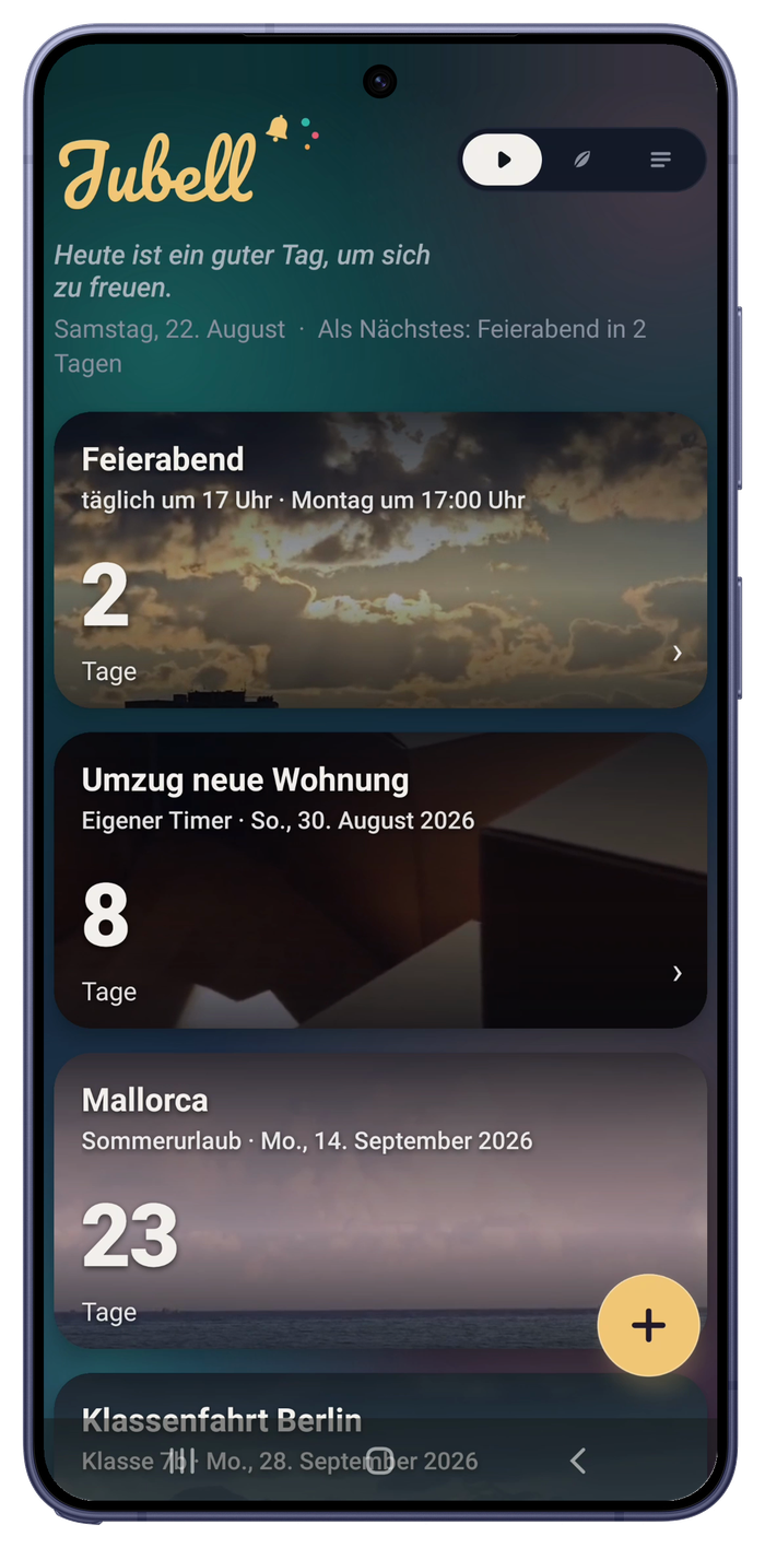 Jubell auf einem Samsung Galaxy S26 Ultra: Timer-Liste mit Feierabend, Umzug, Mallorca