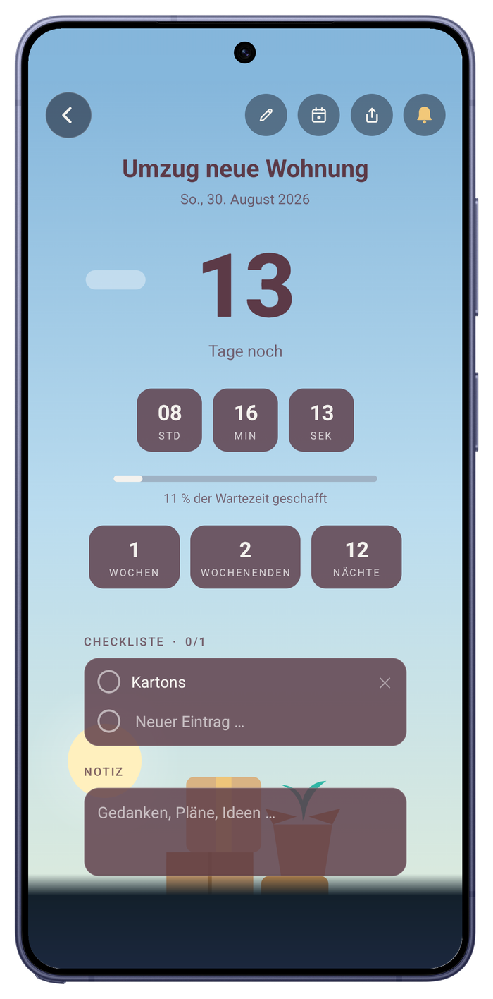 Detailansicht auf dem Galaxy S26 Ultra: Umzug neue Wohnung, 13 Tage, Checkliste