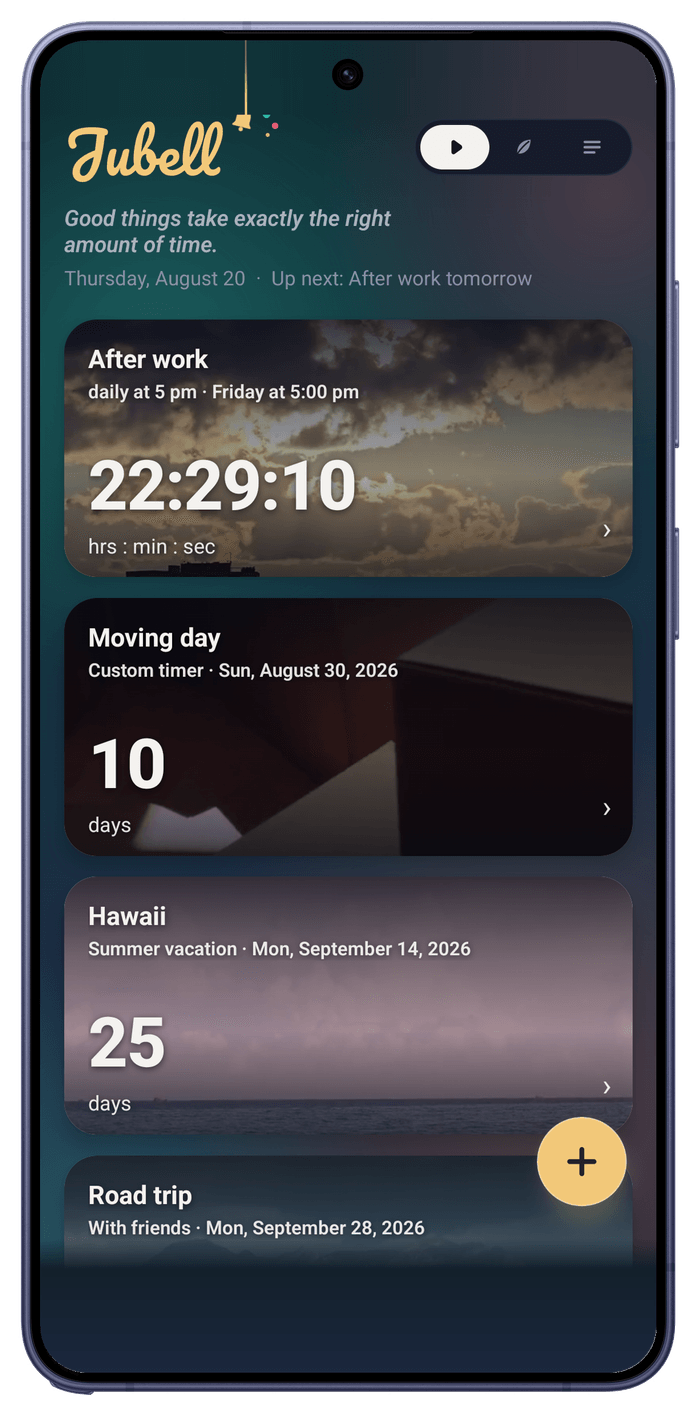 Jubell on a Samsung Galaxy S26 Ultra: timer list with After work, Moving day, Hawaii