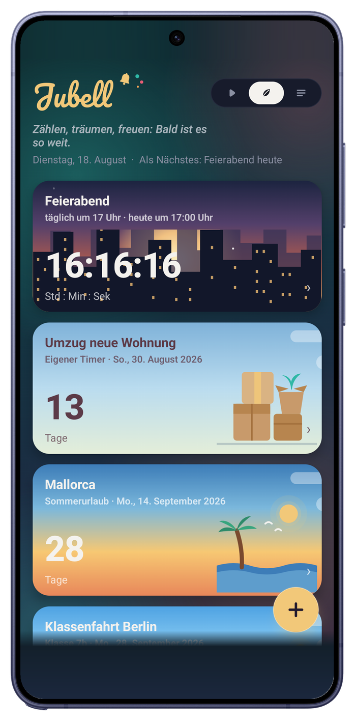 Jubell auf einem Samsung Galaxy S26 Ultra: Timer-Liste mit Feierabend, Umzug und Mallorca